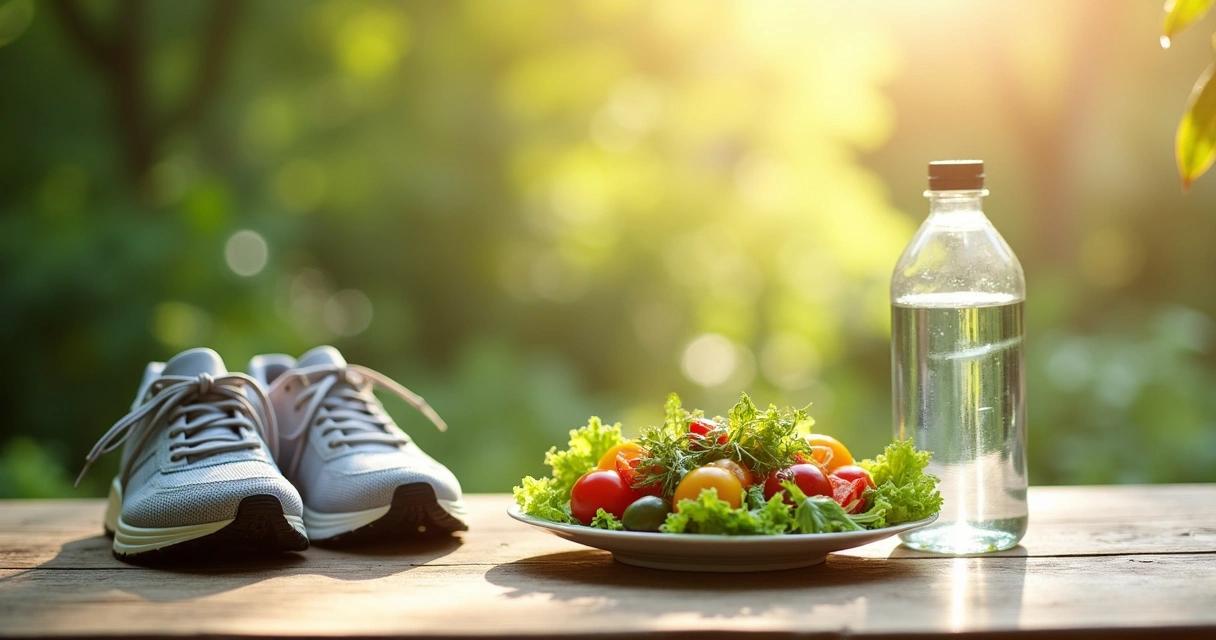 Wandelschoenen, een bord met verse groenten en een fles water op een tafel buiten
